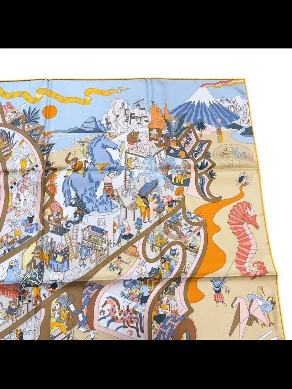 Hermes Silk Scarf Throw in Beige and Light Blue with Orange Accents